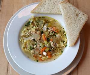 Hearty chicken noodle soup with toasted sourdough